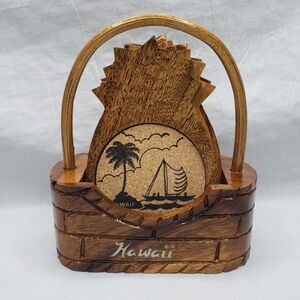 Carved Wood Hawaii Pineapple Coasters and Holder